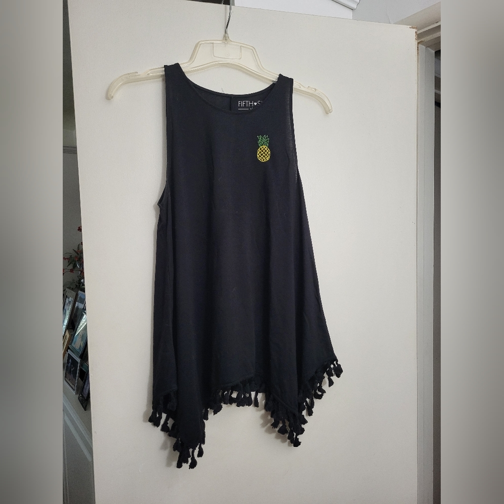 Black tank top with fringe and pineapple embroidery